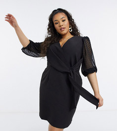Черное платье мини с пышными рукавами в горошек и запахом ASOS DESIGN Curve-Черный цвет