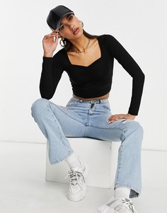 Черный укороченный топ с квадратным вырезом и сборками ASOS DESIGN-Черный цвет