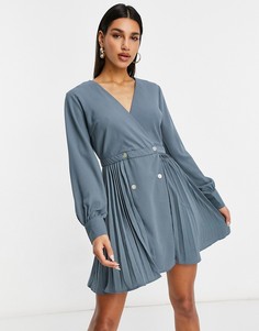 Голубое короткое приталенное платье с плиссировкой Missguided-Голубой