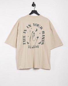Бежевая oversized-футболка с принтом и надписью на груди и спине ASOS DESIGN-Бежевый