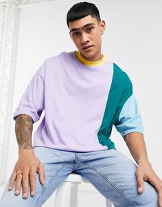 Oversized-футболка сиреневого цвета в стиле колор блок из органического хлопка с рукавами до локтя ASOS DESIGN-Фиолетовый цвет