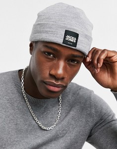 Серая меланжевая шапка-бини с черной биркой-логотипом Jack & Jones-Серый