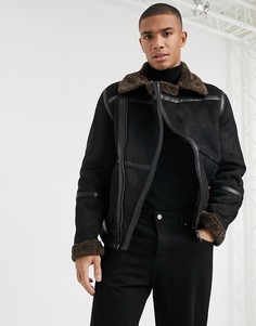 Черная байкерская куртка из овчины River Island-Черный цвет