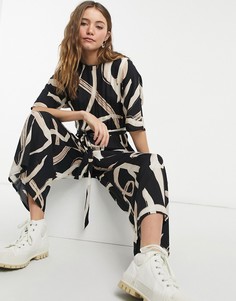 Комбинезон с поясом на завязке и абстрактным принтом с линиями ASOS DESIGN-Многоцветный