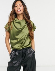 Атласный топ цвета хаки с драпировкой спереди ASOS DESIGN-Зеленый цвет