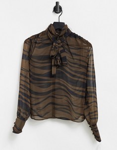 Блузка с длинными рукавами, тигриным принтом и завязкой на бант ASOS DESIGN-Многоцветный