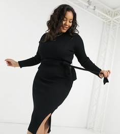 Черное платье миди в рубчик с поясом New Look Curve-Черный цвет