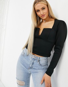 Черный фактурный топ с глубоким вырезом ASOS DESIGN-Черный цвет