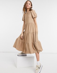 Фактурное платье миди темно-бежевого цвета с присборенной юбкой в стиле oversized ASOS DESIGN-Бежевый