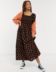 Хлопковое платье макси со сборками в горошек ASOS DESIGN-Многоцветный
