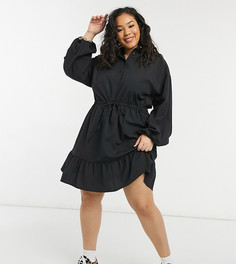 Черное платье-рубашка мини в однотонную полоску на пуговицах с короткой расклешенной юбкой и оборкой на подоле ASOS DESIGN Curve-Черный цвет