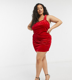 Эксклюзивное красное бархатное платье-футляр на одно плечо со складками In The Style Plus-Красный