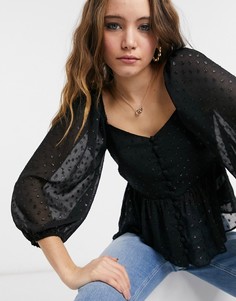 Черная блузка из ткани добби с пуговицами спереди New Look-Черный цвет