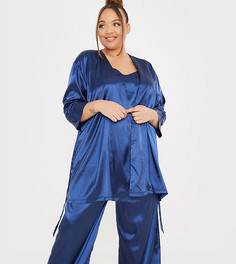 Темно-синий атласный халат с поясом и контрастной отделкой In The Style Plus x Lorna Luxe