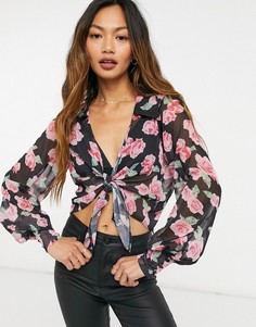 Рубашка с длинными рукавами, завязкой спереди и изображением роз ASOS DESIGN-Черный