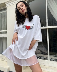 Винтажное платье-футболка с подолом из органзы и графическим принтом в виде сердца Milk It-Белый
