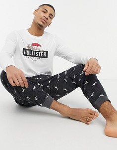 Подарочный комплект одежды для дома из джоггеров и лонгслива с новогодним логотипом Hollister-Серый