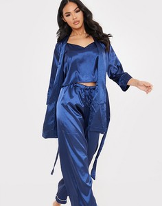 Темно-синий атласный халат с поясом и контрастной отделкой In The Style x Lorna Luxe