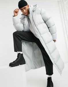 Серый пуховик до щиколотки со съемным капюшоном ASOS DESIGN
