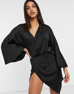Атласное платье-рубашка мини черного цвета с открытой спиной и пышными рукавами ASOS DESIGN-Черный цвет