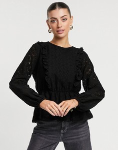 Черная кружевная блуза с баской и объемными рукавами Vero Moda-Черный цвет