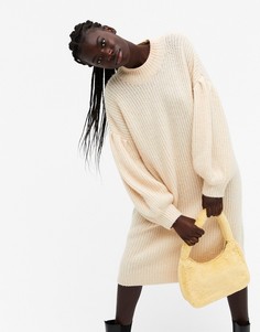 Бежевое трикотажное платье миди с объемными рукавами Monki Tina-Бежевый