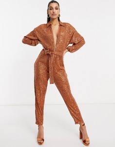 Комбинезон рыжего цвета на молнии спереди с пайетками ASOS DESIGN-Коричневый