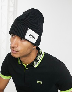 Черная шапка-бини с контрастным прямоугольным логотипом BOSS Athleisure Arebo-Черный