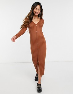 Коричневое платье миди в рубчик с планкой на пуговицах спереди ASOS DESIGN-Коричневый цвет