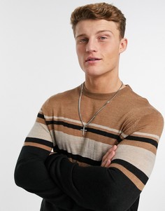 Джемпер в светло-бежевую полоску с круглым вырезом Burton Menswear-Коричневый