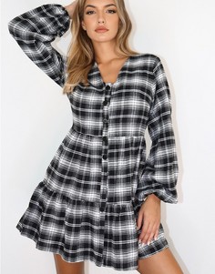 Черное платье в клетку на пуговицах с присборенной юбкой Missguided-Черный цвет