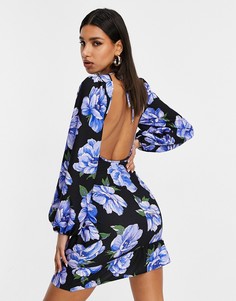 Платье мини с объемными рукавами, сборками и цветочным принтом ASOS DESIGN-Многоцветный