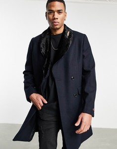 Двубортное премиум-пальто с добавлением шерсти и съемным воротником из искусственного меха Devils Advocate-Темно-синий