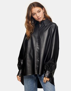 Черная рубашка в стиле oversized из искусственной кожи Topshop-Черный