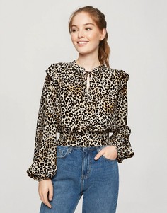Блузка с оборками и леопардовым принтом Miss Selfridge-Светло-коричневый