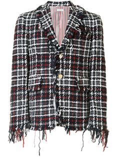 Thom Browne NAVY CHECK TWEED FRAYED EDGE CLASSIC 4-BAR SPORT COAT