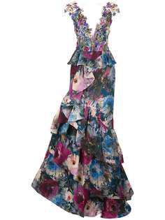 Marchesa ярусное вечернее платье с цветочной аппликацией