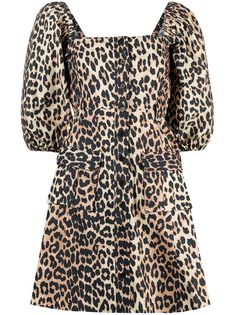 GANNI расклешенное платье с леопардовым принтом и пышными рукавами
