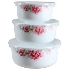 ROSENBERG Набор круглых контейнеров 400 мл, 800мл, 1400мл белый/розовые розы