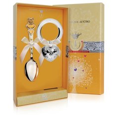 АргентА Набор для малышей "Детство" (2 предмета ложка Мишка с сердечками с позолотой + погремушка Сердце с цветами)