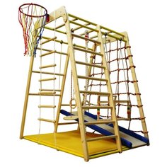 Спортивно-игровой комплекс Вертикаль Веселый малыш WOOD комплектация горкой с мягкими бортиками бежевый/синий