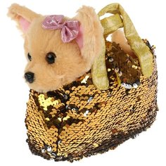 Мягкая игрушка Мой питомец Собака в сумочке из пайеток золото 15 см