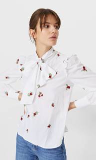Stradivarius Рубашка С Бантом И Вышивкой Женская Коллекция Белый L