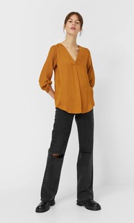 Stradivarius Рубашка С V-Образным Вырезом Женская Коллекция Цвет Светлой Верблюжьей Шерсти Xl