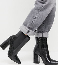Черные ботильоны для широкой стопы на блочном каблуке с эффектом крокодиловой кожи Simmi London-Черный цвет