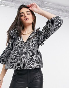 Серебристый жаккардовый топ с эффектом металлик и объемными рукавами ASOS DESIGN-Розовый цвет