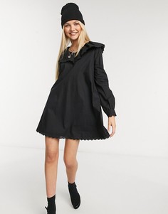 Платье мини с присборенной юбкой из поплина, длинными рукавами, воротником и отделкой кружевом Daisy Street-Черный цвет