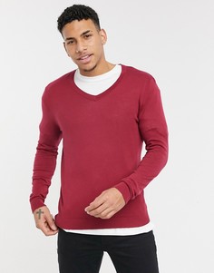 Малиновый хлопковый джемпер средней плотности с V-образным вырезом ASOS DESIGN-Красный