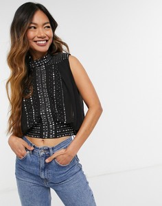Черный топ без рукавов с блестками и отделкой на плечах ASOS DESIGN-Черный цвет