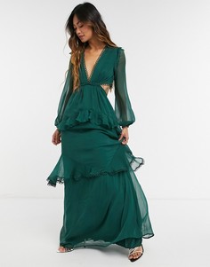 Хвойно-зеленое платье макси с длинными рукавами и круговой отделкой ASOS DESIGN-Зеленый цвет